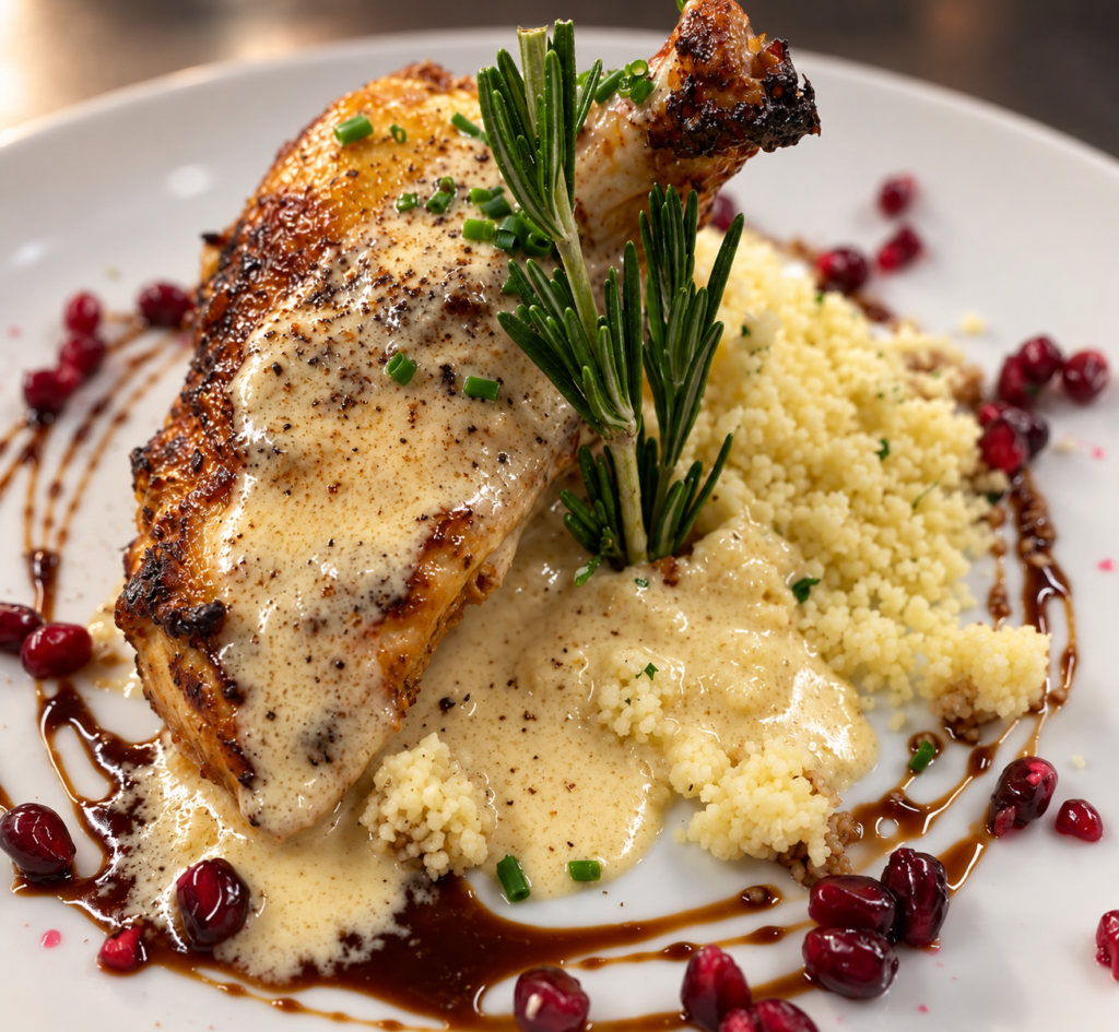 Gebratener Pouletschenkel mit Couscous, Rahmsauce, Rosmarin und Granatapfel