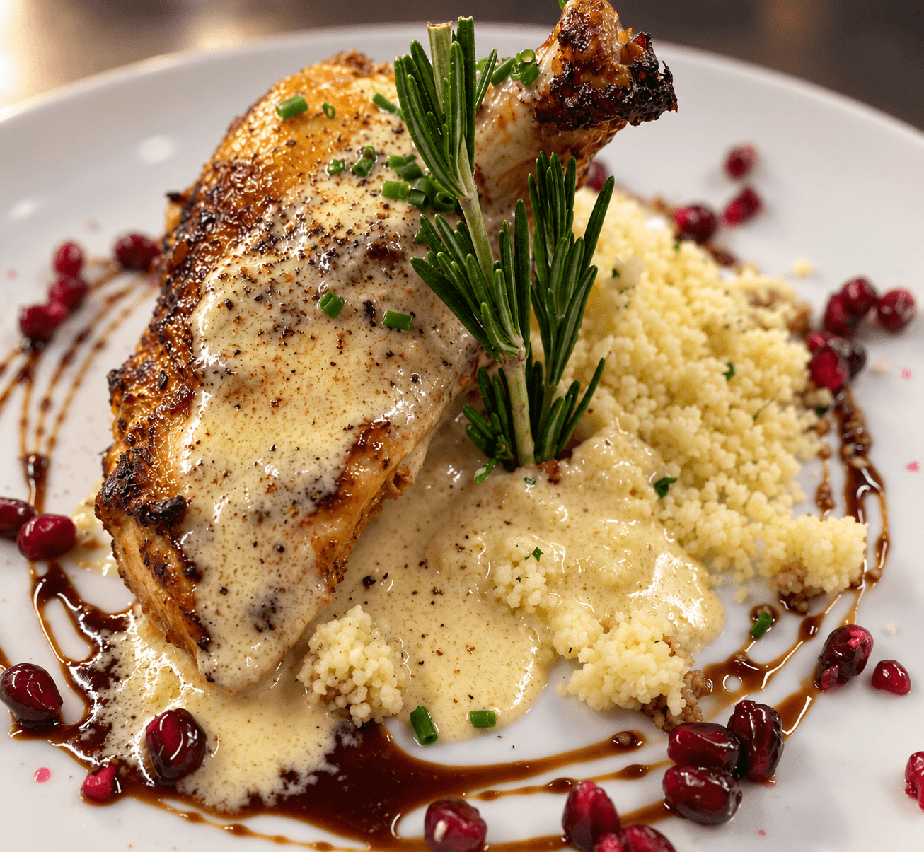 Cuisse de poulet rôtie avec couscous, sauce à la crème, romarin et grenade